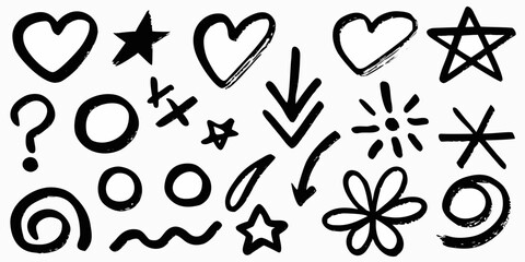 Collection of hand drawn black doodle elements including hearts stars arrows circles and more on white background