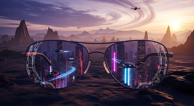 Surreal Futuristic Cityscape Reflected in Aviator Glasses on Martian Landscape