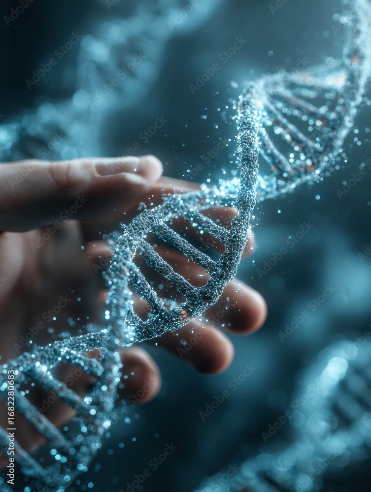 Poster exploring the complexities of dna with a close-up of a hand holding a shimmering double helix struct