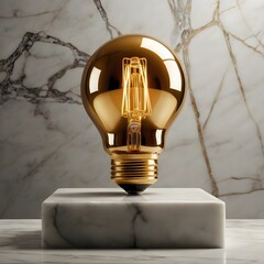 Golden 3D light bulb placed on white marble pedestal with dramatic spotlight, luxury elegant background, no people,Generative Ai
