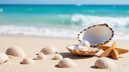 pearl in seashell on tropical beach sand | travel, beach, summer, vacation, relaxation theme