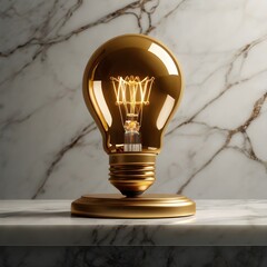 Golden 3D light bulb placed on white marble pedestal with dramatic spotlight, luxury elegant background, no people,Generative Ai
