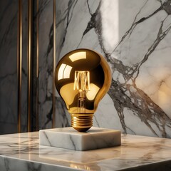 Golden 3D light bulb placed on white marble pedestal with dramatic spotlight, luxury elegant background, no people,Generative Ai
