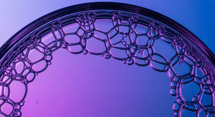 Soap bubbles creating a pattern in petri dish with purple and blue lighting