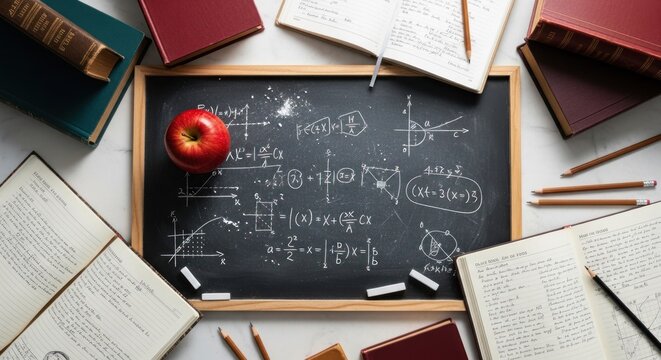 Math chalkboard surrounded by books, pencils, and an apple on white surface