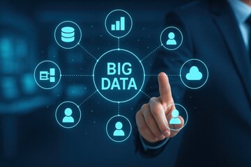 A hand points to a graphical representation of big data, highlighting interconnected data sources like databases, cloud storage, and user profiles.