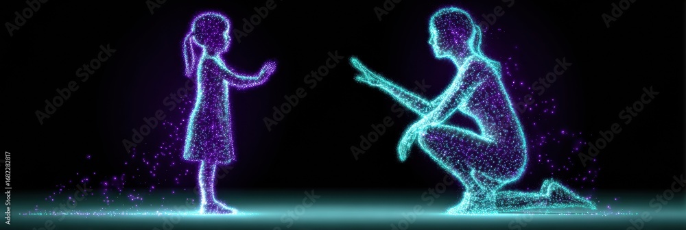 Poster digital hologram of a child and parent interacting in a futuristic setting with glowing particles