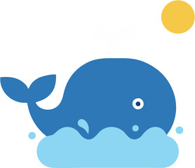 Whale splashing in water under a sunny sky in a charming, minimalist flat design illustration, perfect for children's books or marine life themes