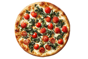 Round pizza with spinach and cherry tomatoes.  A top-down view of a circular pizza, topped with a generous amount of fresh spinach leaves and small, bright red cherry tomatoes. 
