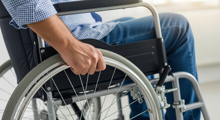 Obraz premium Patient using wheelchair moving in hospital corridor