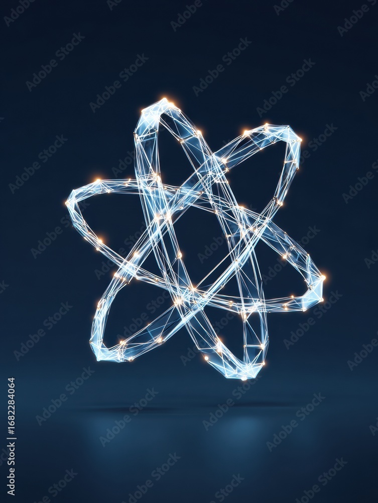 Poster abstract representation of an atom model with glowing connections in a dark background at night