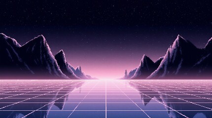 pixelated night landscape: cosmic fantasy game backdrop, retro vector art | game, pixel, retro, design, vector theme