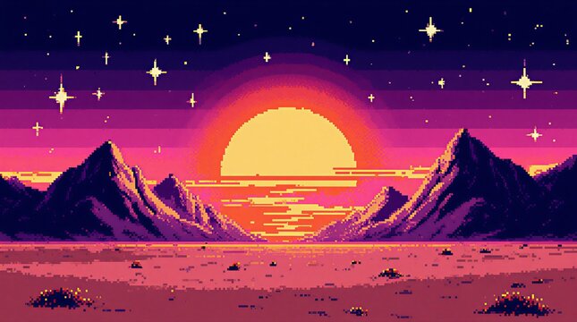 pixelated night landscape with twinkling stars and mountains | video game, computer game, fantasy game, retro game, arcade game theme
