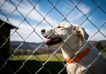 Happy Dog Behind Fence with Orange Collar Outdoors on a Sunny Day