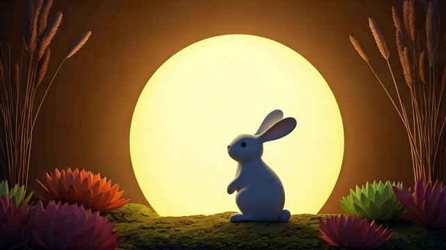 A blue rabbit sits on a grassy hill gazing at a large yellow moon during Mid Autumn with colorful plants and cattails in the background.