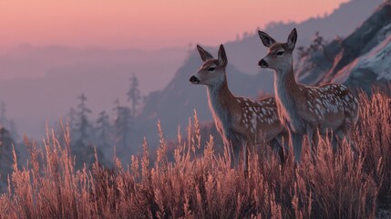 Two Spotted Deer in Mountain Grassland at Sunset