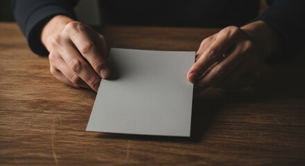 Obraz premium Person holding a blank, square card on a wooden surface