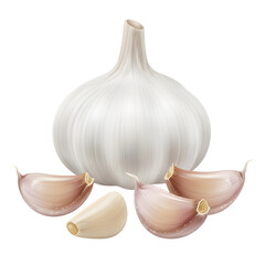 A whole head of garlic next to several separated, peeled and unpeeled garlic cloves. Isolated on white or transparant background, PNG format.