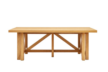 Light-colored wooden table with a simple, rectangular top and X-shaped, sturdy base