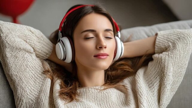 Serene Soundscape: Capturing a moment of pure bliss as a woman relaxes indoors, eyes closed, immersed in the world of music. The headphones envelop her, creating a bubble of tranquility.