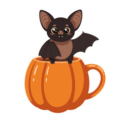 Cute bat sits in a Halloween pumpkin cup illustration for holiday decoration