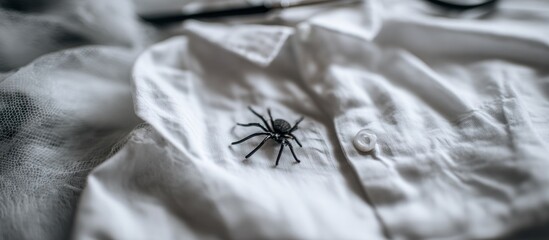 A black toy spider sits on a white, button-down shirt, with other items on the side
