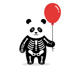 Cute skeleton panda holding a red balloon illustration for Halloween or fun occasions