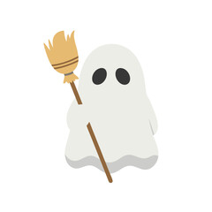 Cute Cartoon Ghost with Broom Spooky Halloween Illustration