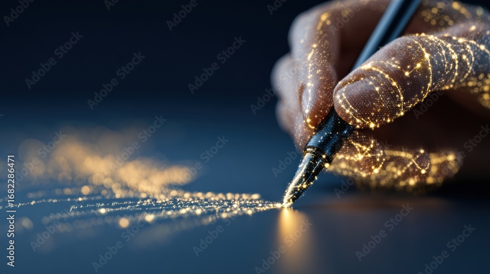 Poster hand writing with a glowing pen, creating sparkling trails in the dark space, representing creativit
