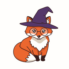 Charming Cartoon Fox Character Adorned with a Whimsical Witch Hat and Round Spectacles