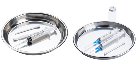 Medical Syringes and Instruments Displayed on Stainless Steel Trays in Isolated Environment with Transparent Background