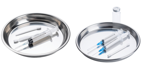 Medical Syringes and Instruments Displayed on Stainless Steel Trays in Isolated Environment with Transparent Background