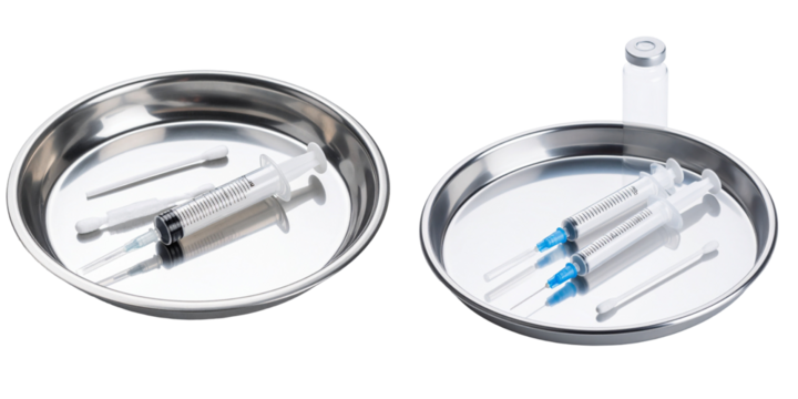 Medical Syringes and Instruments Displayed on Stainless Steel Trays in Isolated Environment with Transparent Background