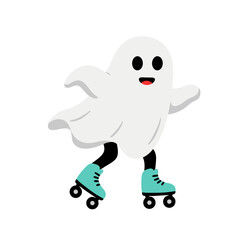 Cute cartoon ghost on roller skates, Halloween illustration