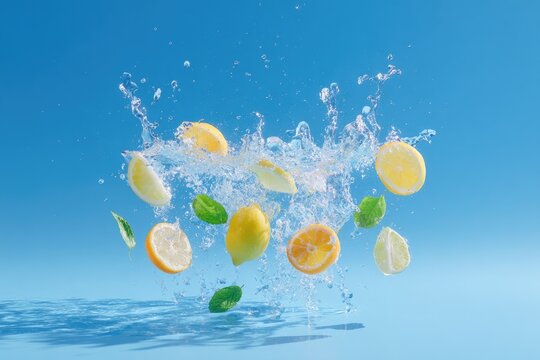 Citrus fruit slices and mint leaves splashing into water against a blue background