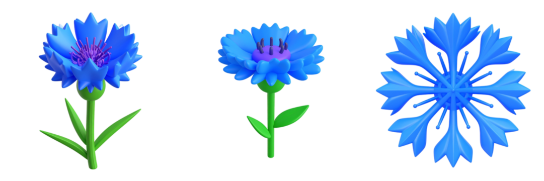 Three Cornflower Blossoms Isolated Against Transparent Background Showing Detailed Petals and Green Stems - Powered by Adobe