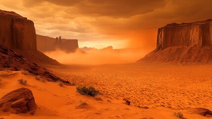 Dramatic desert landscape with sandstone buttes under a fiery orange sky at sunset