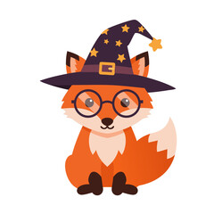 Cute cartoon fox wearing a wizard hat and glasses, ready for Halloween