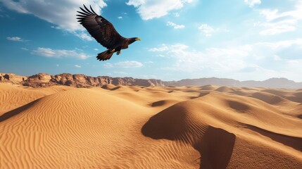 Eagle soaring over vast desert landscape with sand dunes under a bright blue sky with scattered clouds