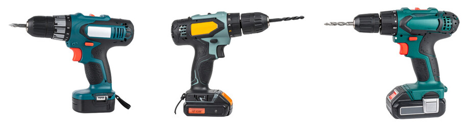 Three Cordless Drills In Teal And Orange Colors Against A Transparent Background Isolated Tools Used For Construction And Repair