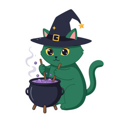 Green Cat Witch Brewing Potion in a Cauldron for Halloween