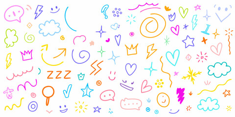 Collection of colorful hand drawn doodle elements including hearts stars clouds lightning bolts arrows and smiley faces