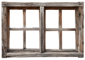 Aged wooden window frame.  Multiple panes, rustic style.  Distressed wood.  Rectangle shape