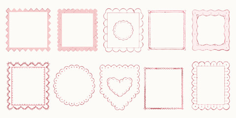Collection of ten decorative pink hand drawn square and circular frames with scalloped edges and heart shapes