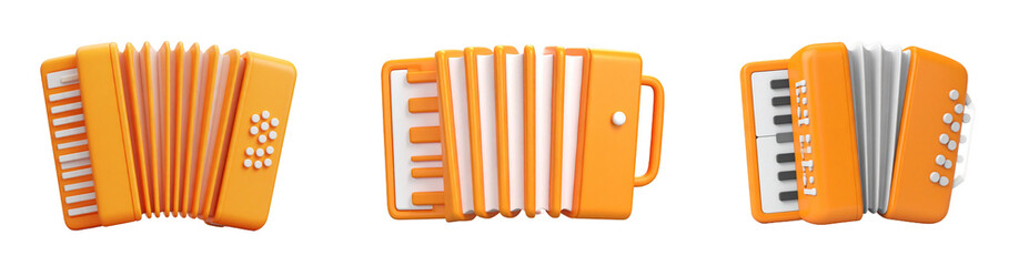 Three Orange Accordions Viewed From Different Angles With Transparent Background