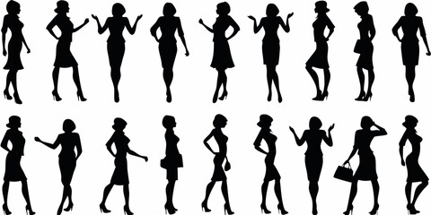 Collection of diverse female business professionals in silhouette showcasing various poses and attire