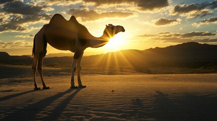 Camel standing in the desert at sunset with sun rays beaming through the sky and clouds