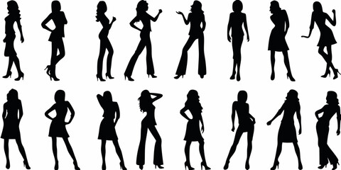 Collection of diverse female silhouettes in various fashionable poses and outfits
