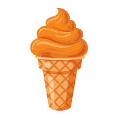 Vector illustration of a delicious orange soft serve ice cream swirl in a waffle cone isolated on a white background
