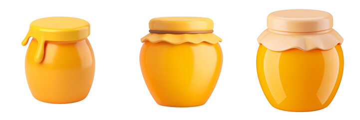 Three Honey Jars In Varying Stages Of Dripping Showing Natural Product Attributes and Transparent Background